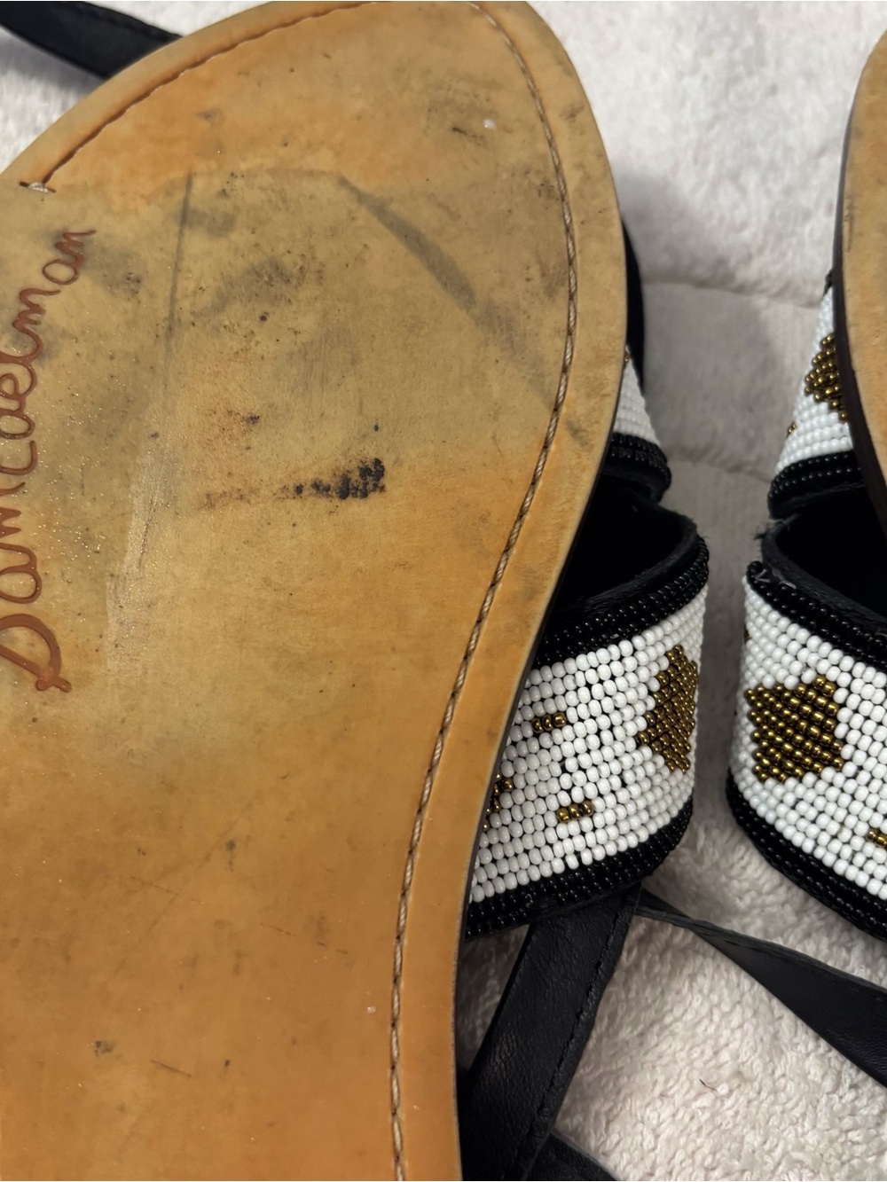 Sam Edelman Brown Leather Slide Sandals with White and Gold Beaded Straps - Picture 12 of 12
